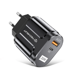  Techsuit - Fali Töltő Prémium (CHPD038) - USB-A, QC 3.0, USB-C, 20W - Fekete