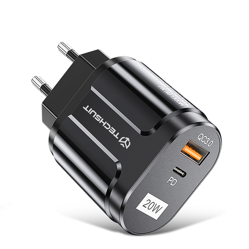  Techsuit - Fali Töltő Prémium (CHPD038) - USB-A, QC 3.0, USB-C, 20W - Fekete