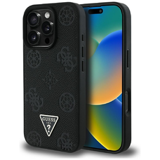 Eredeti Guess Grained Hot Stamp Peony Triangle Logo MagSafe tok iPhone 16 Pro-hoz fekete