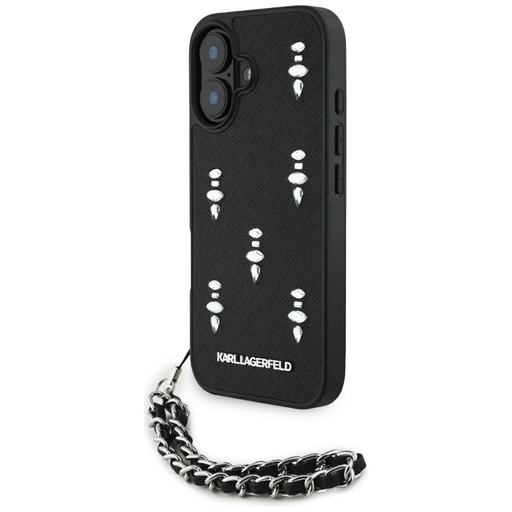 Karl Lagerfeld Saffiano Crystals lánccal iPhone 16 tok - Fekete Karl Lagerfeld Saffiano Crystals lánccal iPhone 16 tok - Fekete