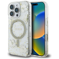 Guess Resin Flowers Glitter MagSafe iPhone 16 Pro Max tok - Bézs
