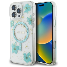Guess Gyanta Virágok Glitter MagSafe iPhone 16 Pro tok - Átlátszó Zöld tok