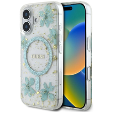 Guess Gyantás Virágok Csillogós MagSafe iPhone 16 Tok - Átlátszó Zöld tok