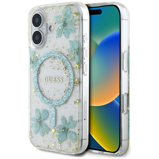 Guess Gyantás Virágok Csillogós MagSafe iPhone 16 Tok - Átlátszó Zöld tok Guess Gyantás Virágok Csillogós MagSafe iPhone 16 Tok - Átlátszó Zöld tok