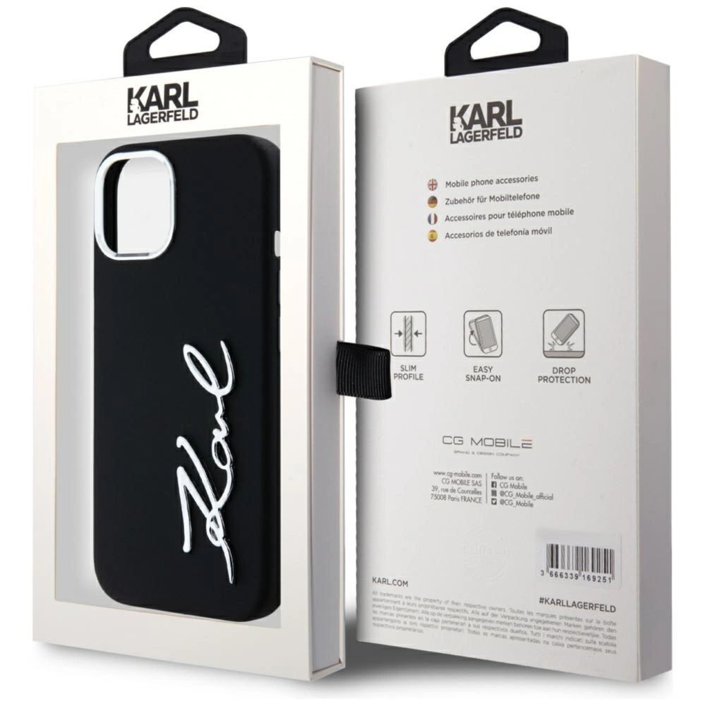  iPhone 15 Fekete Karl Lagerfeld Szilikon Metal Script Logo Tok - 8