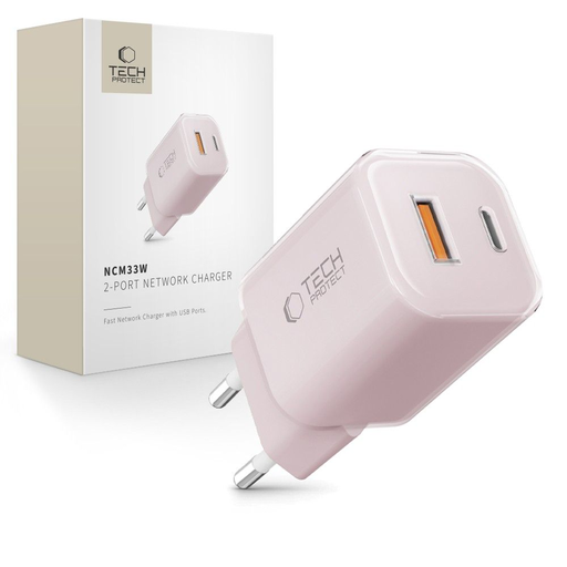 Tech-protect Ncm33w 2-port Hálózati Töltő Pd33w/qc3.0 Babyrózsaszín