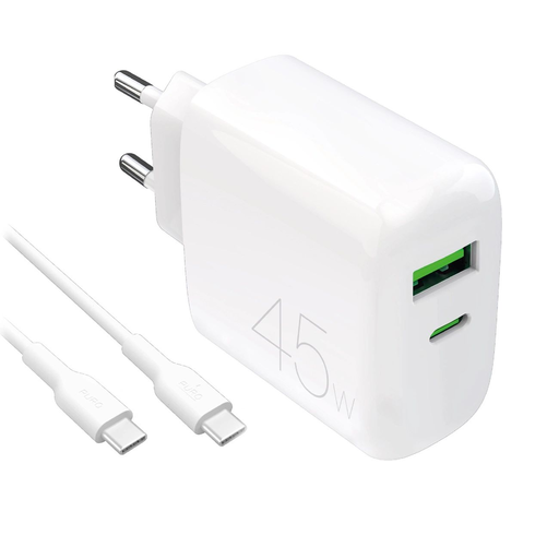 Puro Daily Prolite 45W USB-C USB-A Power Delivery töltő USB-C kábellel - fehér
