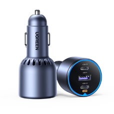  Ugreen - Autós Töltő EC705 (55511) - Telefonhoz, Laptophoz, Gyors Töltés, LED Világítás, 2x USB-C, USB, 130W, Type-C Kábellel - Szürke
