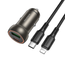 Borofone Autós töltő BZ32A Fresh - USB + Type C - QC 3.0 PD 30W Type C - Lightning kábellel szürke