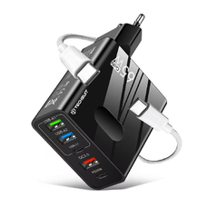  Techsuit - Prémium Fali Töltő PentaXPower (CHC1) - 3x USB QC 3.0, 2x Type-C PD 25W, 65W, LED, GaN, Type-C Kábel, 1m - Fekete