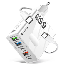  Techsuit - Prémium Fali Töltő PentaXPower (CHC1) - 3x USB QC 3.0, 2x Type-C PD 25W, 65W, LED, GaN, Type-C Kábel, 1m - Fehér