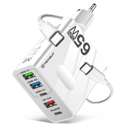  Techsuit - Prémium Fali Töltő PentaXPower (CHC1) - 3x USB QC 3.0, 2x Type-C PD 25W, 65W, LED, GaN, Type-C Kábel, 1m - Fehér