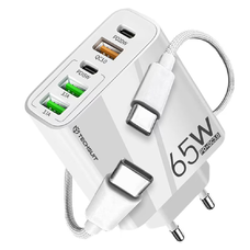  Techsuit - Prémium fali töltő PentaXPower (CHC2) - 3x USB QC 3.0, 2x Type-C PD 20W, 65W, LED, Type-C kábel, 1m - Fehér