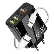  Techsuit - Prémium fali töltő PentaXPower (CHC2) - 3x USB QC 3.0, 2x Type-C PD 20W, 65W, LED, 1 méteres Type-C kábellel - Fekete