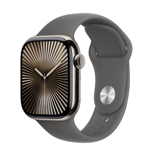 Apple Watch S10 Mobilhálózatos 42 mm Természetes Titán Tokkal és Szürkésbarna Sport Szíjjal - S/M