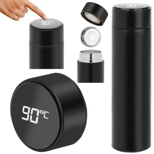 Intelligens termosz 500ml fekete, hőmérséklet kijelzéssel
