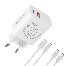 OBAL:ME Fali töltő USB-A + USB-C 20W + 2x Kábel 1m Fehér