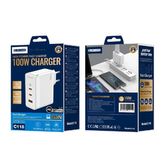 JELLICO fali töltő C118 GaN PD 100W 2xUSB-C + 1xUSB QC3.0 + kábel USB-C - Lightning Fehér