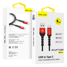 Blavec Cable Raptor fonott - USB to Type C - 3A 2 méter Apple CarPlay/Android Auto (CRA-UC3BR20) fekete-piros,