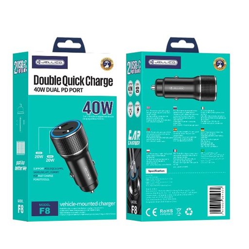 JELLICO autós töltő F8 PD 40W 2xUSB-C Fekete