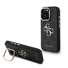 Guess PU 4G Fém Logós Állványos Kamera Keretes Tok iPhone 16 Pro Max Fekete, tok