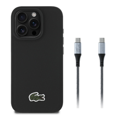 Lacoste Iconic Petit Pique Woven Logo MagSafe iPhone 16 Pro fliptok fekete + USB-C/USB-C adatkábel tok