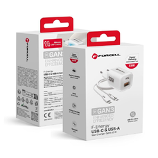 FORCELL F-ENERGY Kristály Színű GaN III VT-41 utazó töltő szilikon kábellel 1 x Type C + 1x USB A aljzattal, PD QC4.0 33W fehér