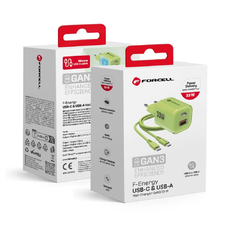 FORCELL F-ENERGY Crystal Color GaN III VT-41 utazó töltő szilikon kábellel 1 x Type C + 1x USB A csatlakozóval, PD QC4.0 33W zöld
