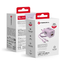 FORCELL F-ENERGY Crystal Color GaN III VT-41 utazótöltő szilikon kábellel 1 x Type C + 1x USB A aljzatokkal, PD QC4.0 33W lila