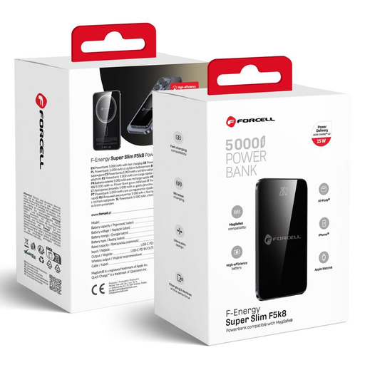 FORCELL F-ENERGY F5K8 Szuper Vékony powerbank MagSafe-kompatibilis PD3.0 QC4.0 15W 5000 mAh fekete
