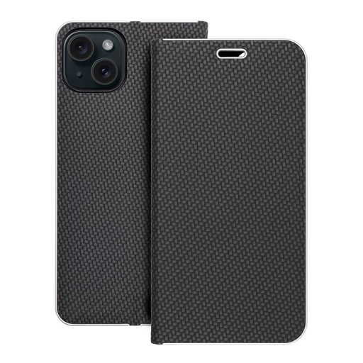 LUNA Carbon fliptok az IPHONE 15 Plus-hoz fekete tok LUNA Carbon fliptok az IPHONE 15 Plus-hoz fekete tok
