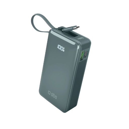 Powerbank SBS 10000 mAh 20W beépített USB-C kábellel és digitális kijelzővel - szürke