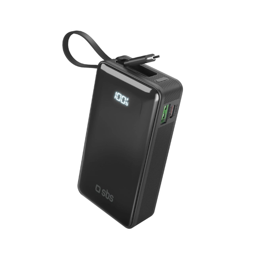 Powerbank SBS 10000 mAh 20W beépített USB-C kábellel és digitális kijelzővel - fekete