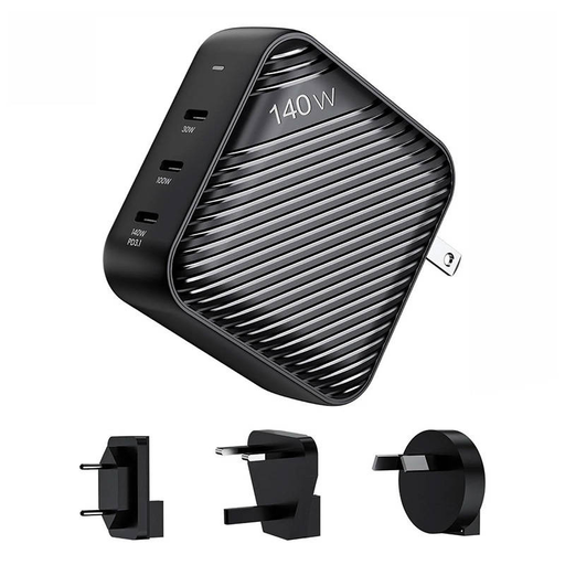 Hálózati töltő INVZI GanHub 3x USB-C, 140W, EU/UK/AU/US (fekete)