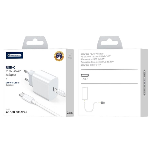 JELLICO fali töltő AK180 PD 20W 1xUSB-C + kábel USB-C - USB-C Fehér