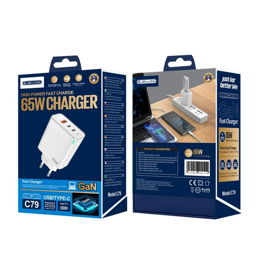JELLICO fali töltő C79 GaN PD 65W 2xUSB-C + 1xUSB QC3.0 Fehér