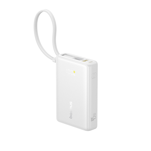  Baseus - PicoGo Power Bank (P10076803213-00) - Type-C, USB, Gyors töltés, 45W, 10000mAh, Beépített Type-C kábel - Fehér