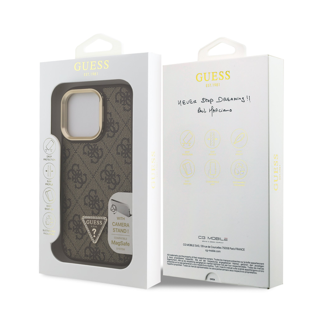 Guess PU 4G Strass Triangle Logo Stand Kamera Keretes MagSafe iPhone 15 Pro Max tok Barna - 7