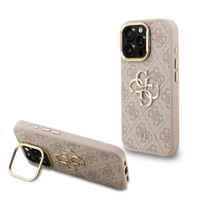 Guess PU 4G Metal Logo Stand Camera Frame Case for iPhone 16 Pro Pink