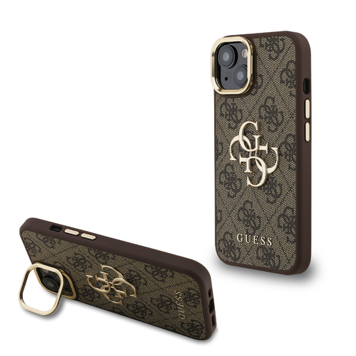Guess PU 4G Fém Logós Állvány Kamerakerettel iPhone 15 barna tok Guess PU 4G Fém Logós Állvány Kamerakerettel iPhone 15 barna tok