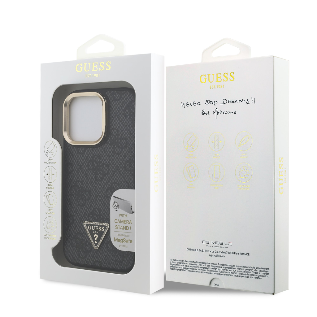Guess PU 4G Strass Háromszög Logós Állvány Kamerakeret MagSafe iPhone 15 Pro Max tok Fekete - 7