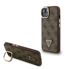 Guess PU 4G Strass Triangle Logo Stand Camera Frame MagSafe iPhone 15 tok, Barna