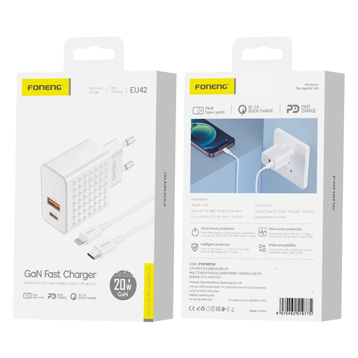 FONENG hálózati töltő EU42 GaN PD 20W 1xUSB-C + 1xUSB QC3.0 + kábel USB-C - Lightning Fehér