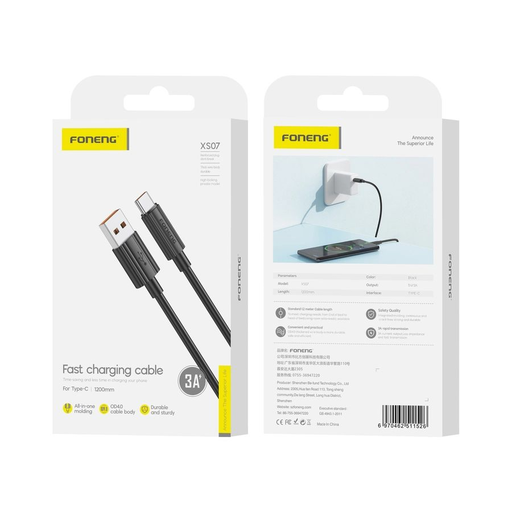 FONENG kábel XS07 USB-C 3A 1M Fekete