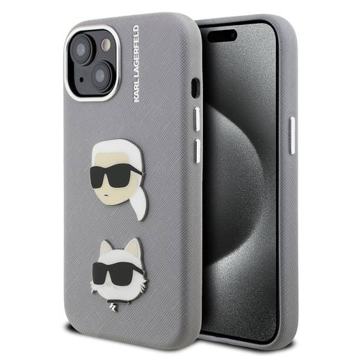 Karl Lagerfeld Grained PU K&CH Heads tok iPhone 15 szürke Karl Lagerfeld Grained PU K&CH Heads tok iPhone 15 szürke