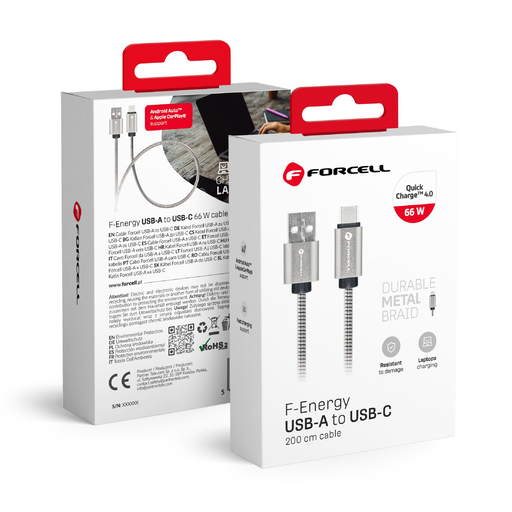 FORCELL F-ENERGY Metal C234 USB A - Type C QC4.0A 3A 66W 2 m ezüst kábel