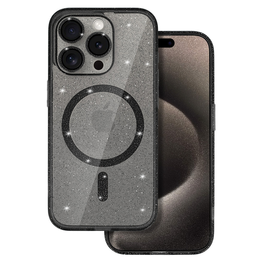 Glitter Magsafe fliptok iPhone 16e fekete átlátszó tok Glitter Magsafe fliptok iPhone 16e fekete átlátszó tok