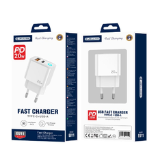 JELLICO fali töltő EU11 PD 20W 1xUSB-C + 1xUSB QC3.0 Fehér
