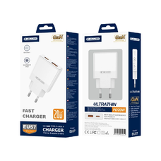 JELLICO hálózati töltő EU57 PD 20W 1xUSB-C + 1xUSB QC3.0 Fehér