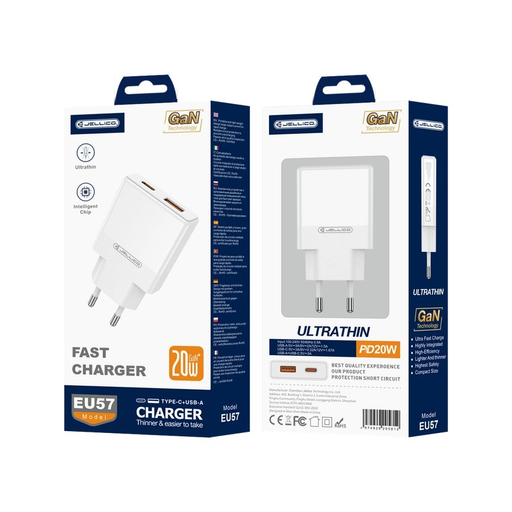 JELLICO hálózati töltő EU57 PD 20W 1xUSB-C + 1xUSB QC3.0 Fehér